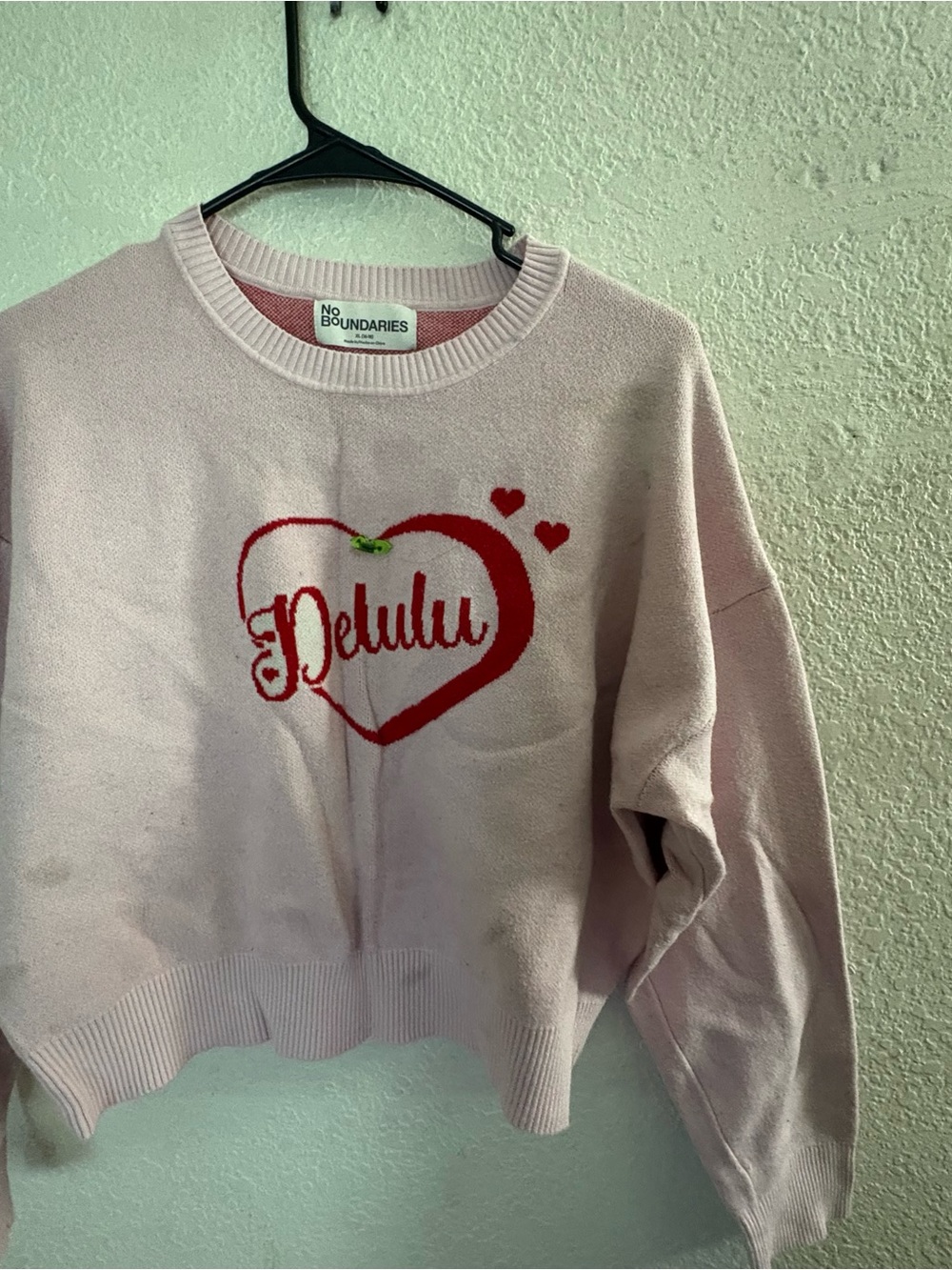 No Boundaries Pink Crewneck Sweater with Red Heart Logo